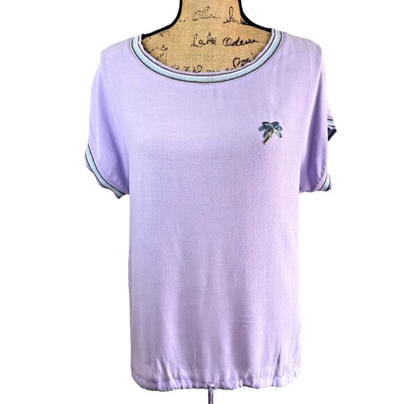 Bianca Women Lavender Sequin Palm Tree Striped Trim Short Sleeve Resort Top Sz 8 - Picture 1 of 15